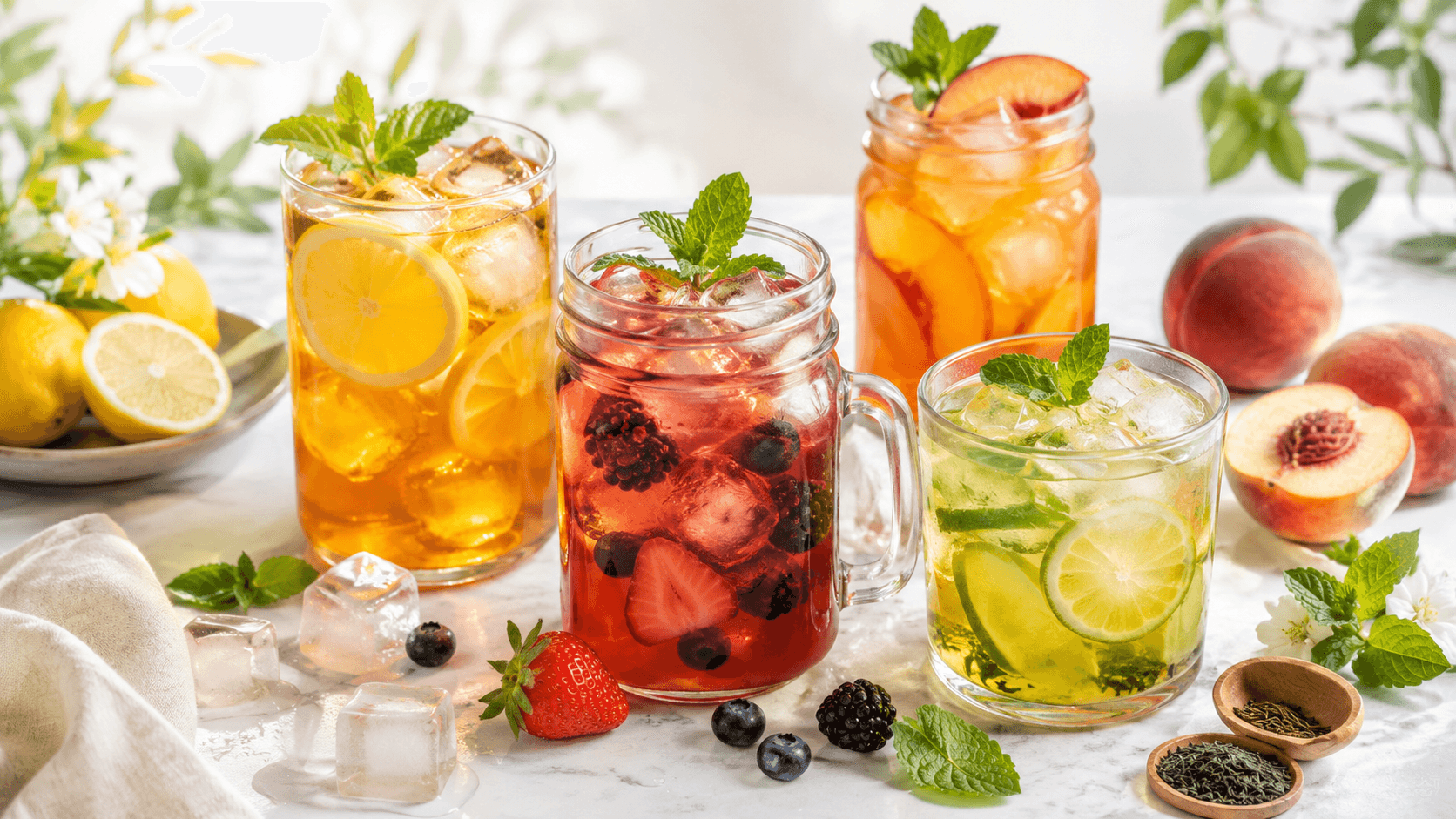 Four mason jars of iced tea with lemon, berries, and mint on a marble surface, surrounded by fresh fruits.