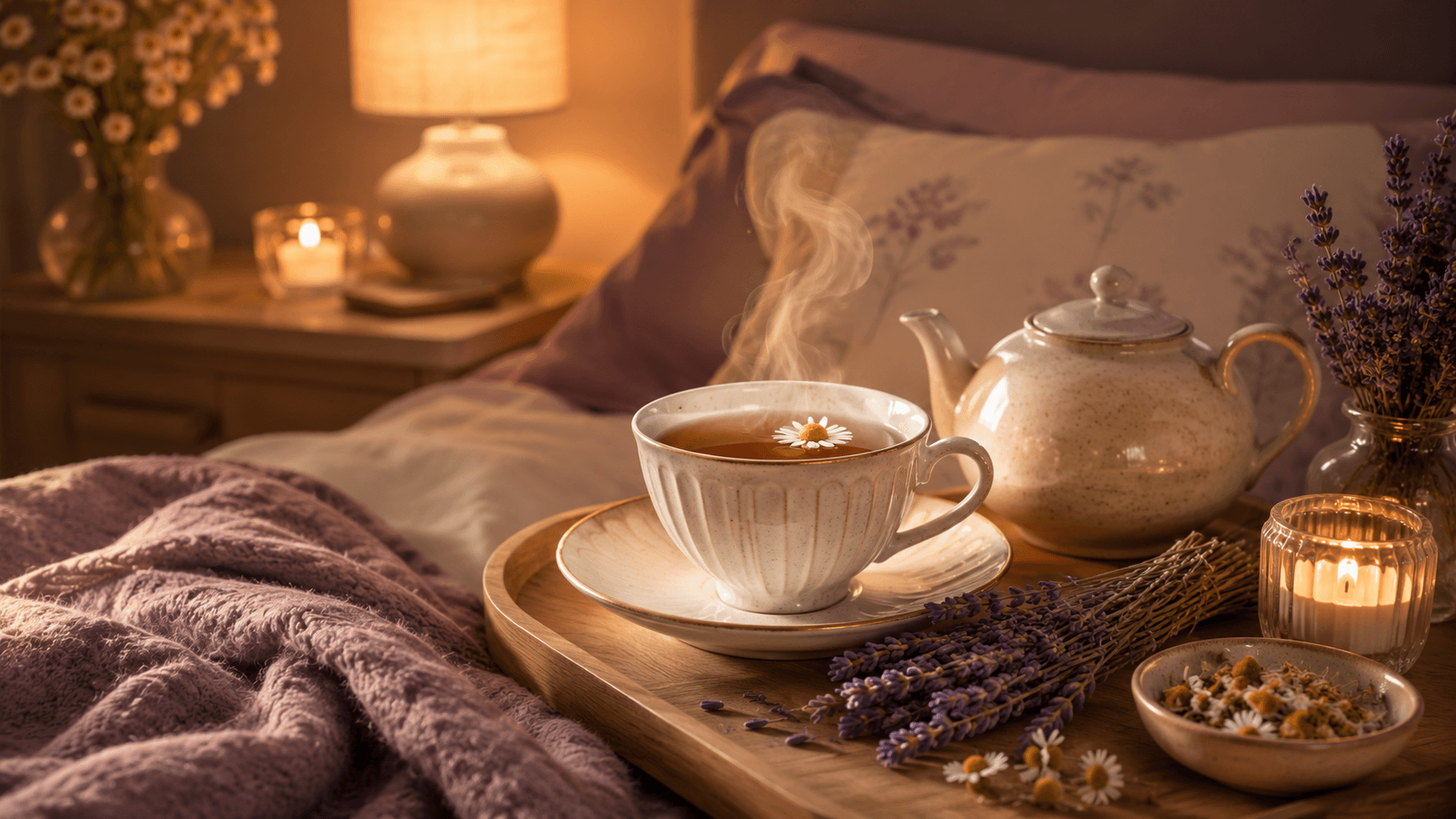 Cozy bedroom with a steaming cup of tea on a tray, surrounded by lavender, chamomile, and candles.