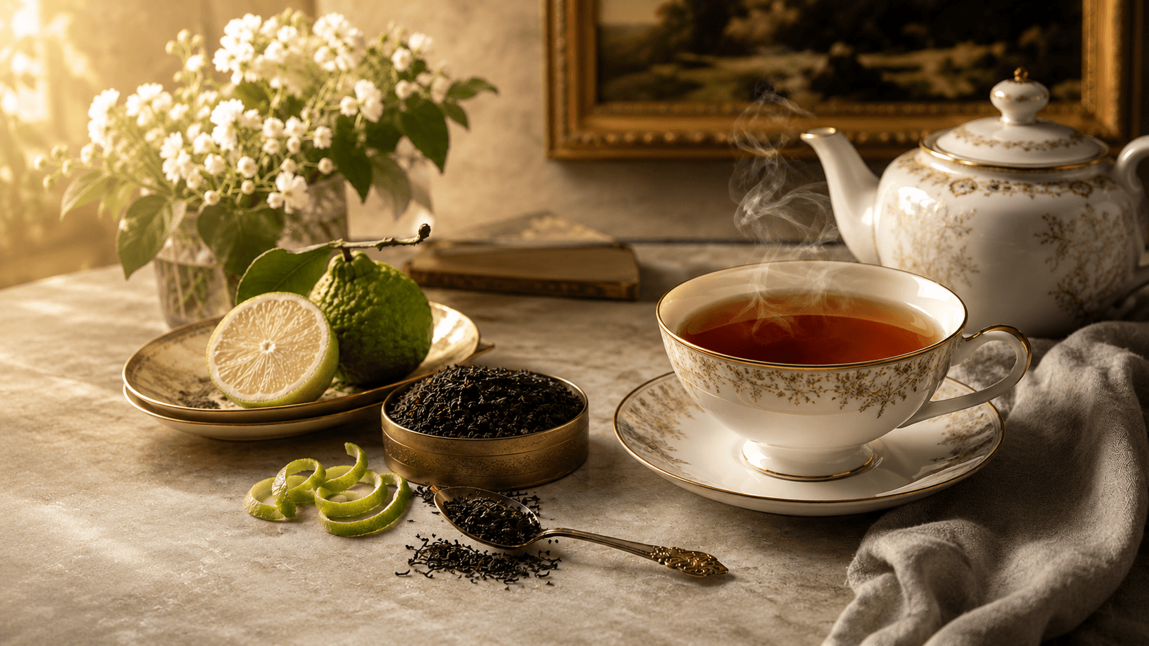 Steaming cup of black tea with loose tea leaves, bergamot, and a teapot on a sunlit table.