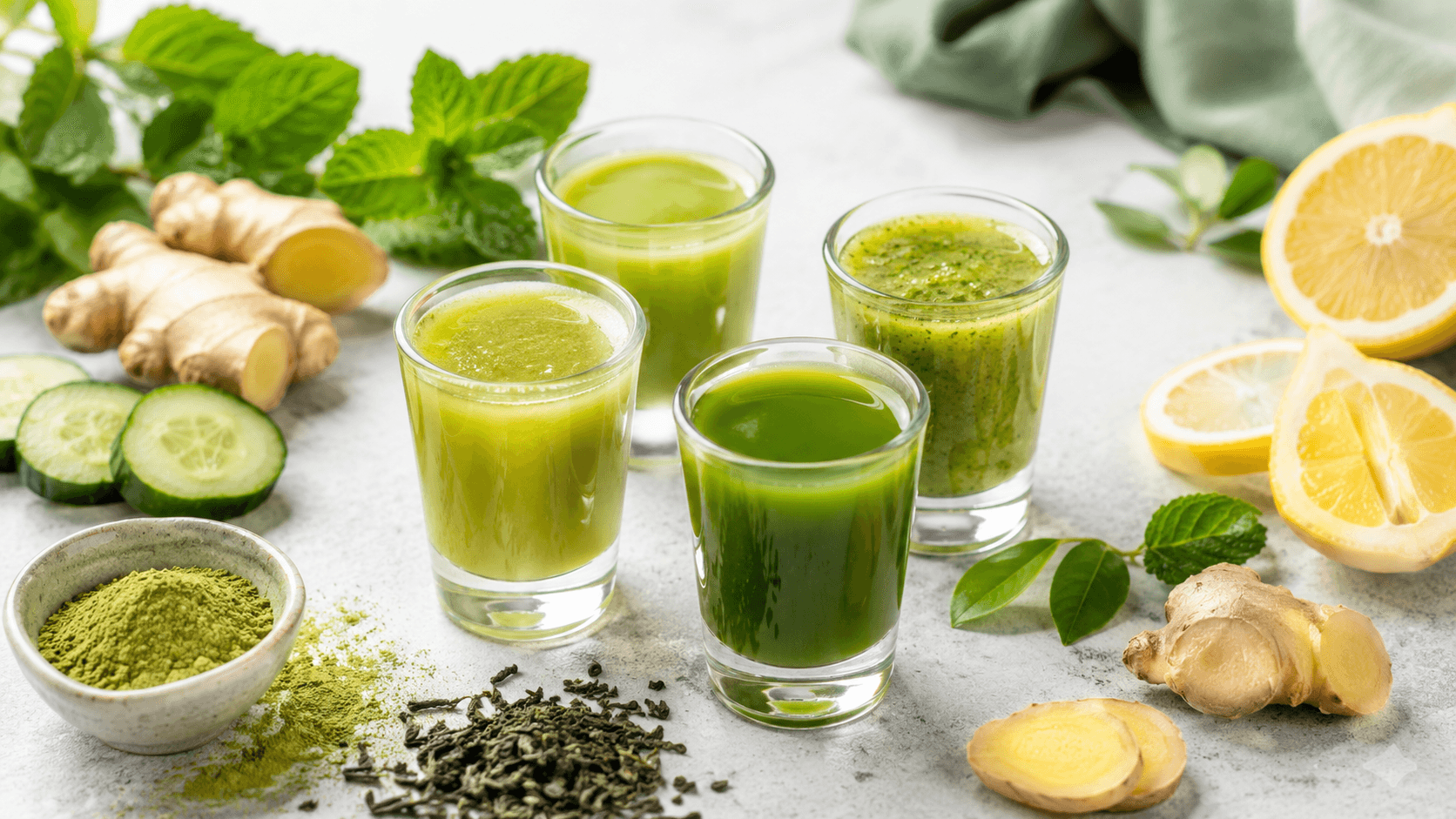 Four green wellness shots surrounded by ginger, lemon, cucumber, mint, and matcha powder.