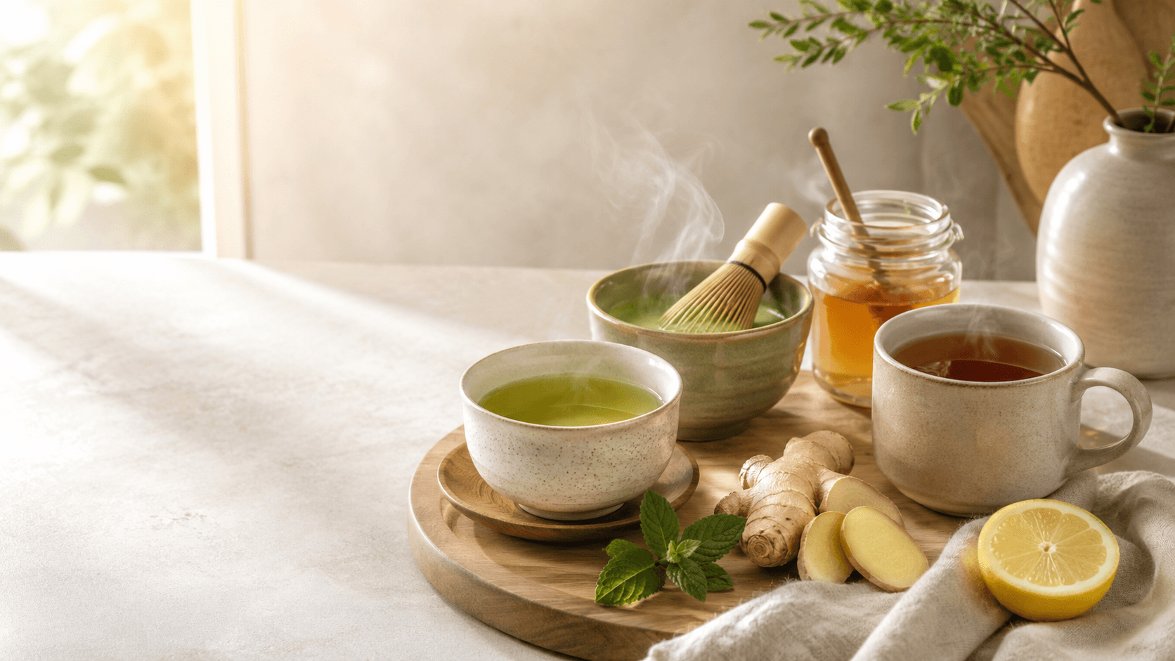 Steaming cups of green and herbal tea with ginger, lemon, honey, and mint on a wooden tray.