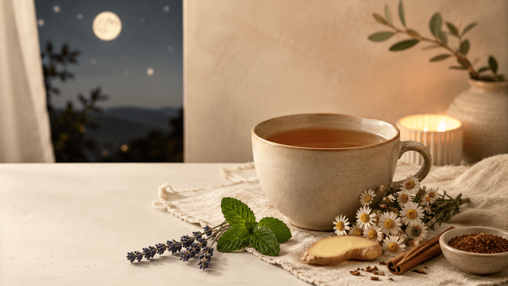 Herbal tea with chamomile, ginger, lavender, and mint on a table; moonlit night view in the background.