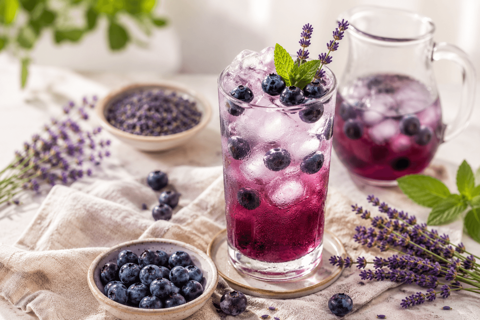Iced blueberry lavender tea garnished with mint, surrounded by fresh blueberries and lavender sprigs.